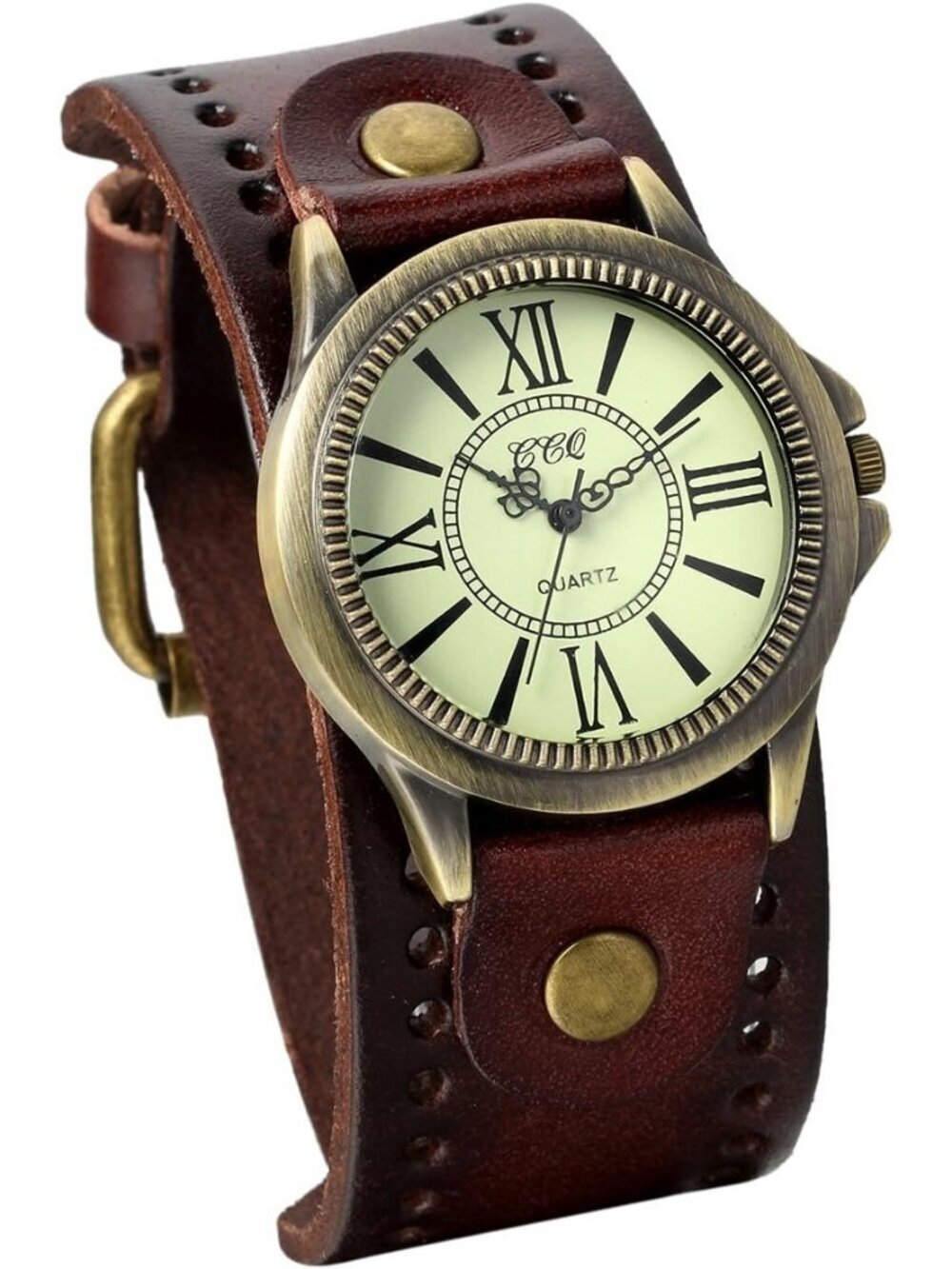 Unisex Brown Analog Quartz Roman Numerals Wide Leather Strap Vintage Wrist Watch